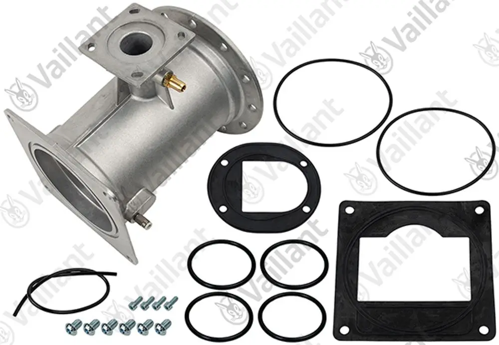 Vaillant Venturidüse in Metall mit Düsenanschluss und verschiedenen Dichtungen sowie Schrauben für die Montage, angezeigt auf einem weißen Hintergrund.